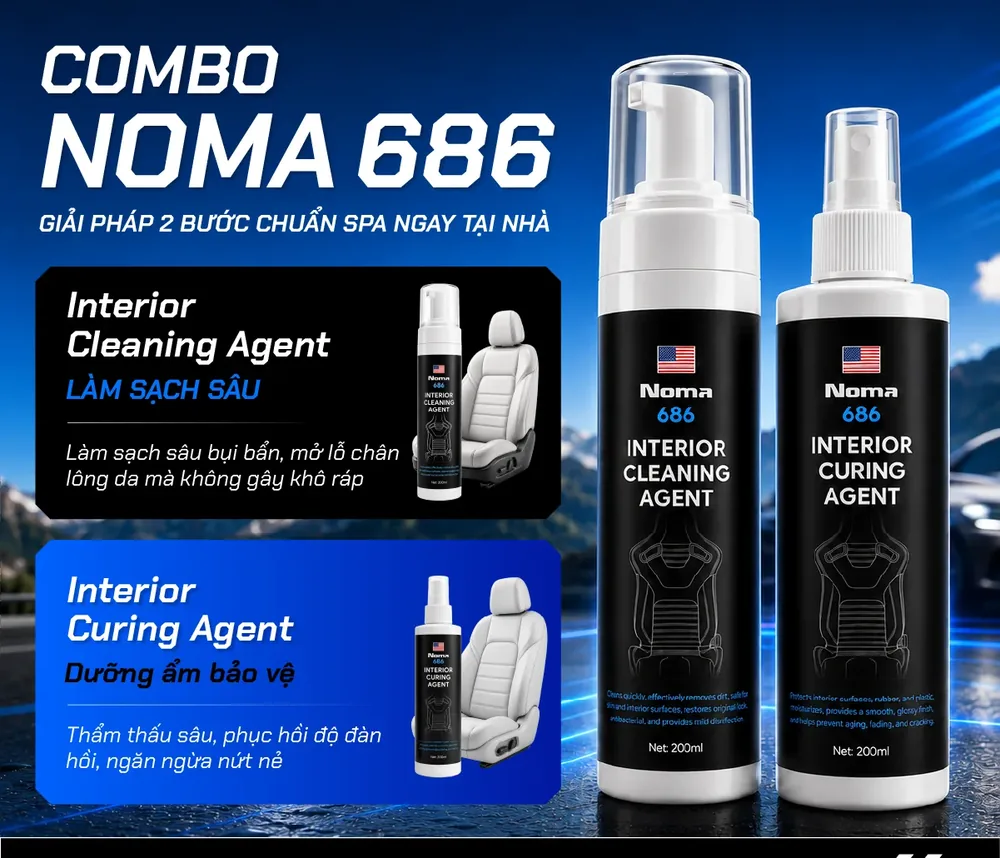 Bộ NOMA 686 gồm hai chai: Interior Cleaning Agent làm sạch sâu và Interior Curing Agent dưỡng ẩm bảo vệ