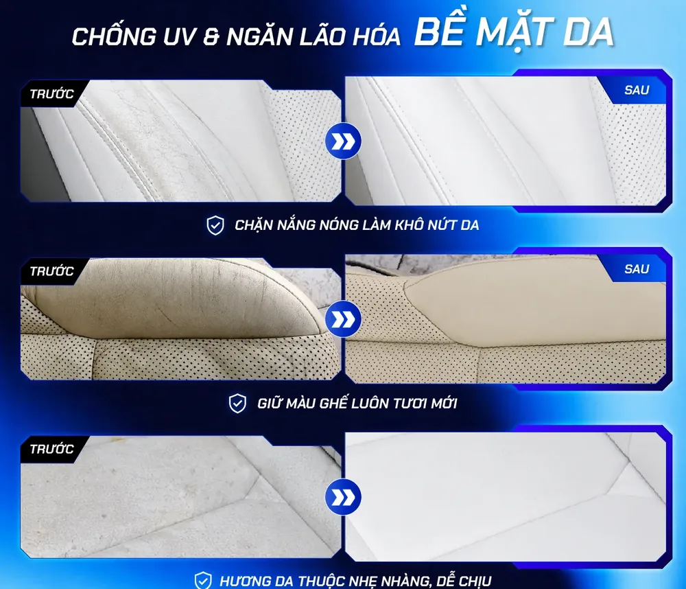 Ba cặp ảnh trước và sau của hãng trên ghế da màu sáng: chặn nắng nóng làm khô nứt da, giữ màu ghế, hương da thuộc dễ chịu