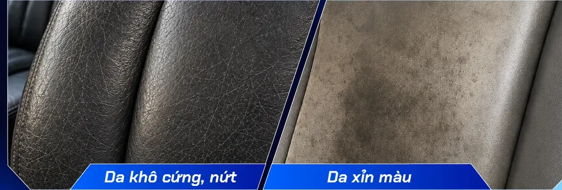 Hai cận cảnh ghế da xuống cấp: da đen khô cứng có vết nứt, và da màu xám xỉn loang màu